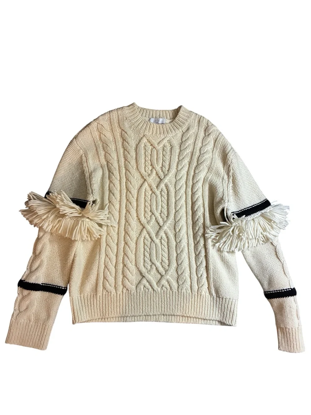 Pearl by Lela Rose cream Cable Knit Sweater with Fringe Sleeve Detail